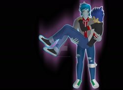 Size: 1600x1163 | Tagged: safe, artist:supermaxx92, flash sentry, thunderbass, equestria girls, background human, bridal carry, carrying, couple, gay, holding, lifting, male, rocker, shipping, thunderflash, watermark, yaoi hands