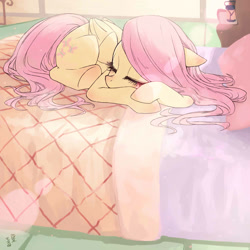 Size: 1000x1000 | Tagged: safe, artist:yanamosuda, fluttershy, pegasus, pony, album cover, artwork, bed, cute, daaaaaaaaaaaw, dawwww, eyes closed, female, hnnng, mare, precious, prone, shyabetes, sleeping, solo