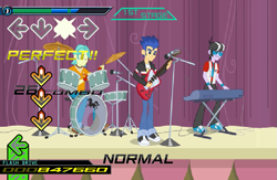 Size: 783x512 | Tagged: safe, artist:karalovely, brawly beats, flash sentry, ringo, equestria girls, rainbow rocks, dance dance revolution, flash drive (band), rhythm game