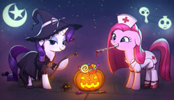 Size: 1637x943 | Tagged: safe, artist:agaberu, pinkie pie, rarity, earth pony, pony, spider, unicorn, broom, candy, chromatic aberration, clothes, costume, dress, duo, eyeshadow, female, food, halloween, hat, holiday, jack-o-lantern, knife, lidded eyes, looking at you, makeup, mare, moon, mouth hold, night, nurse, pinkamena diane pie, pumpkin, scalpel, shoes, smiling, stars, witch, witch hat