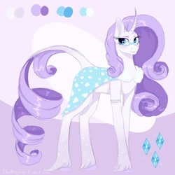 Size: 1280x1280 | Tagged: safe, artist:themessyfangirl, rarity, classical unicorn, pony, unicorn, cloak, clothes, female, glasses, leonine tail, mare, redesign, reference sheet, smiling, solo, unshorn fetlocks