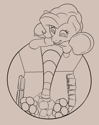 Size: 1259x1600 | Tagged: safe, artist:nudeknightart, pinkie pie, pony, balloon, monochrome, party planning, pillow, slide