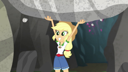 Size: 1280x720 | Tagged: safe, screencap, applejack, equestria girls, legend of everfree, boulder, cave, clothes, cowboy hat, denim, freckles, hat, shorts, solo, super strength