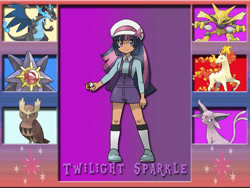 Size: 800x600 | Tagged: safe, artist:kianamai, derpibooru import, twilight sparkle, human, alakazam, crossover, espeon, humanized, mega charizard x, noctowl, pokémon, pokémon trainer, starmie