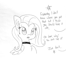 Size: 1614x1440 | Tagged: source needed, safe, artist:tjpones, fluttershy, pegasus, pony, chest fluff, choker, chokershy, dialogue, ear fluff, female, grayscale, implied twilight sparkle, mare, monochrome, oblivious, offscreen character, painfully innocent fluttershy, simple background, solo focus, until the choker breaks, white background