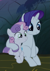 Size: 387x549 | Tagged: safe, screencap, rarity, sweetie belle, pony, unicorn, sleepless in ponyville, cropped, cuddling, cute, diasweetes, duo, female, raribetes, siblings, sisterbetes, sisters, sitting, smiling