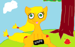 Size: 704x443 | Tagged: artist needed, source needed, safe, applejack, earth pony, pony, 1000 hours in ms paint, apple, censor bar, censored, food, ms paint, nope, solo, tongue out, tree