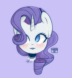 Size: 535x573 | Tagged: safe, artist:latiatonta, rarity, pony, unicorn, blushing, bust, female, mare, no pupils, portrait, purple background, simple background, solo