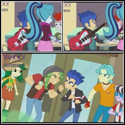 Size: 960x960 | Tagged: safe, brawly beats, flash sentry, ringo, sandalwood, sonata dusk, sweet leaf, equestria girls, rainbow rocks, collage, eco kids, female, fight, male, screencap comic, senata, shipping, straight