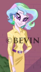 Size: 443x772 | Tagged: safe, artist:bevin brand, princess celestia, principal celestia, equestria girls, belt, clothes, cropped, female, lipstick, obtrusive watermark, skirt, smiling, watermark, younger