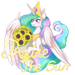 Size: 3000x3000 | Tagged: safe, artist:seishinann, princess celestia, alicorn, pony, bouquet, celestia day, female, flower, mare, praise the sun, signature, simple background, solo, sunflower, transparent background