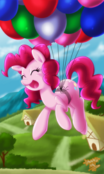 Size: 2700x4500 | Tagged: safe, artist:danmakuman, pinkie pie, earth pony, pony, absurd resolution, balloon, eyes closed, female, floating, mare, open mouth, ponyville, scenery, solo, then watch her balloons lift her up to the sky