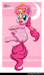 Size: 586x1000 | Tagged: safe, artist:clouddg, pinkie pie, earth pony, pony, cute, diapinkes, female, hat, hopping, jiangshi, mare, ofuda, open mouth, paper, paper talisman, solo, underhoof