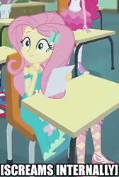 Size: 317x472 | Tagged: safe, edit, edited screencap, screencap, fluttershy, pinkie pie, better together, equestria girls, clothes, cropped, dress, image macro, impact font, meme, solo