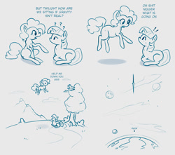 Size: 799x707 | Tagged: artist needed, safe, derpibooru import, pinkie pie, twilight sparkle, earth pony, pony, blank flank, comic, gravity, monochrome, moon, physics, planet, tree, vulgar, world