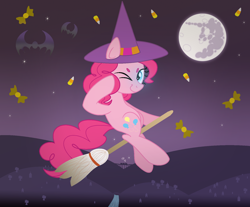 Size: 1628x1348 | Tagged: safe, artist:lieutenantkyohei, pinkie pie, earth pony, pony, broom, candy, flying, flying broomstick, food, hat, mare in the moon, moon, night, one eye closed, solo, wink, witch hat