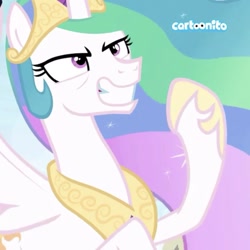 Size: 713x713 | Tagged: safe, edit, screencap, princess celestia, alicorn, pony, between dark and dawn, cartoonito logo, cropped, determined, epic, evil grin, grin, raised hoof, smiling, watermark