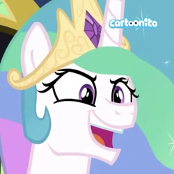 Size: 568x568 | Tagged: safe, edit, screencap, princess celestia, alicorn, pony, between dark and dawn, cartoonito logo, cropped, insanity, watermark