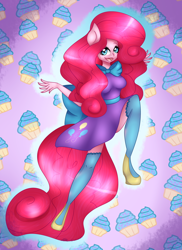 Size: 1024x1408 | Tagged: safe, artist:sachanart, pinkie pie, anthro, plantigrade anthro, clothes, cupcake, dress, food, solo