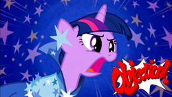 Size: 960x540 | Tagged: safe, derpibooru import, edit, edited screencap, screencap, twilight sparkle, ace attorney, objection, phoenix wright, solo