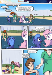 Size: 1280x1853 | Tagged: safe, artist:shieltar, princess celestia, princess luna, oc, oc:big mark, oc:grace harmony, human, pony, comic:birth of equestria, beach, cewestia, clothes, comic, female, filly, ocean, pink-mane celestia, shirt, winged human, woona, younger