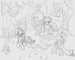 Size: 1280x1024 | Tagged: safe, artist:the-paper-pony, derpibooru import, opalescence, rarity, spike, sweetie belle, twilight sparkle, dragon, pony, unicorn, commission, lineart, monochrome