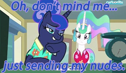 Size: 1051x611 | Tagged: safe, edit, edited screencap, editor:jdmiles, screencap, princess celestia, princess luna, alicorn, pony, between dark and dawn, adorkable, caption, cartoonito logo, clock, cute, dork, female, image macro, lewd, mare, needs more jpeg, post office, smiling, text, that pony sure does love the post office, we don't normally wear clothes