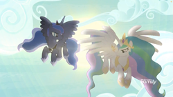 Size: 1811x1019 | Tagged: safe, screencap, princess celestia, princess luna, alicorn, pony, between dark and dawn, backlighting, cloud, crown, discovery family logo, ethereal mane, female, flying, hoof shoes, jewelry, mare, peytral, regalia, royal sisters, sky, spread wings, starry mane, wings