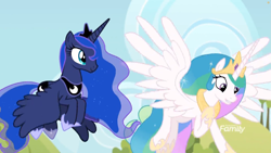 Size: 1811x1019 | Tagged: safe, screencap, princess celestia, princess luna, alicorn, pony, between dark and dawn, cloud, crown, cute, cutelestia, discovery family logo, duo, ethereal mane, female, hoof shoes, jewelry, lunabetes, mare, outdoors, peytral, regalia, royal sisters, siblings, sisters, sky, spread wings, starry mane, wings