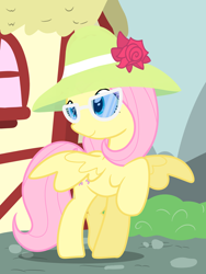 Size: 1500x2000 | Tagged: safe, artist:latie, fluttershy, pegasus, pony, green isn't your color, female, hat, mare, raised hoof, solo, sun hat, sunglasses