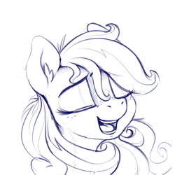 Size: 1280x1280 | Tagged: safe, artist:dimfann, applejack, earth pony, pony, alternate hairstyle, eyes closed, hatless, missing accessory, monochrome, open mouth, simple background, smiling, solo, white background