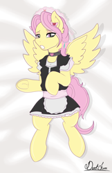 Size: 3150x4874 | Tagged: safe, artist:darkstorm mlp, butterscotch, fluttershy, pegasus, pony, body pillow, body pillow design, choker, clothes, crossdressing, femboy, french maid, frog (hoof), maid, maid headdress, male, rule 63, solo, stallion, underhoof