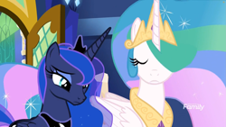 Size: 1811x1019 | Tagged: safe, screencap, princess celestia, princess luna, alicorn, pony, between dark and dawn, discovery family logo, sad, twilight's castle