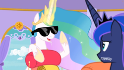 Size: 1811x1019 | Tagged: safe, screencap, princess celestia, princess luna, alicorn, pony, between dark and dawn, cloud, curtains, discovery family logo, sleeping bag, sunglasses, window