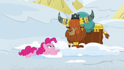 Size: 1280x720 | Tagged: safe, screencap, pinkie pie, prince rutherford, pony, yak, not asking for trouble, lidded eyes, prone, raised eyebrow, snow