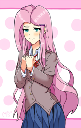 Size: 700x1099 | Tagged: safe, artist:sonikku001, fluttershy, human, crossover, doki doki literature club, female, humanized, solo, yuri (ddlc), yurishy