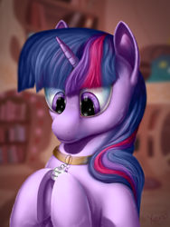 Size: 1536x2048 | Tagged: safe, artist:the1xeno1, derpibooru import, twilight sparkle, pony, collar, pet, pet tag, pony pet, solo, twi pet