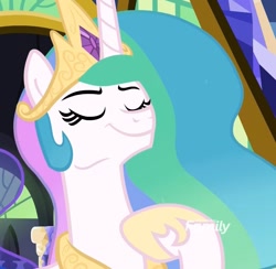 Size: 1107x1080 | Tagged: safe, screencap, princess celestia, alicorn, pony, between dark and dawn, cropped, discovery family logo, eyes closed, solo