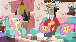 Size: 1280x720 | Tagged: safe, screencap, discord, fluttershy, draconequus, pegasus, pony, discordant harmony, clothes, cup, food, glasses, milk toast, sandwich, sweater, teacup, teapot