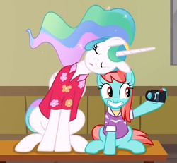 Size: 805x743 | Tagged: safe, screencap, princess celestia, strawberry ice, alicorn, pony, between dark and dawn, alternate hairstyle, art museum, barehoof, camera, clothes, cropped, cute, cutelestia, duo, eyes closed, faic, female, floppy ears, folded wings, hawaiian shirt, leaning, mare, opportunity, photo, selfie, shirt, sitting, sleeping, smiling, squishy cheeks, wide smile, wings