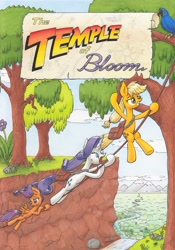 Size: 3270x4665 | Tagged: safe, artist:xeviousgreenii, applejack, rarity, scootaloo, bird, earth pony, parrot, pony, snake, unicorn, comic:the temple of bloom, absurd resolution, comic, cover, traditional art, tree, vine