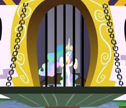 Size: 979x837 | Tagged: safe, screencap, princess celestia, alicorn, pony, between dark and dawn, bipedal, cropped, drawbridge, gate, solo