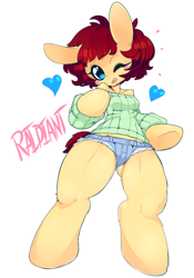 Size: 840x1200 | Tagged: safe, artist:slugbox, oc, oc only, oc:raidiant, anthro, anthro oc, bipedal, clothes, daisy dukes, off shoulder, off shoulder sweater, solo, sweater