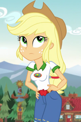 Size: 480x720 | Tagged: safe, edit, edited screencap, editor:ah96, screencap, applejack, equestria girls, legend of everfree, applejack's hat, applerack, breast edit, breasts, camp everfree outfits, cowboy hat, cropped, female, hat, solo, stetson