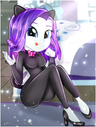 Size: 1800x2392 | Tagged: safe, artist:artmlpk, rarity, equestria girls, adorable face, adorasexy, adorkable, alternate hairstyle, animal costume, beautiful, bow, bowtie, breasts, butt, cat costume, cat ears, cat tail, catsuit, clothes, costume, cute, digital art, dork, female, high heels, looking at you, outfit, raribetes, raricat, raritits, rearity, sexy, shoes, short hair, sitting, smiling, smiling at you, solo, suit, tongue out, watermark