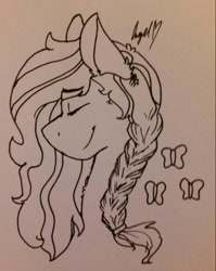 Size: 814x1025 | Tagged: safe, artist:sapphireshy, fluttershy, pegasus, pony, alternate hairstyle, bust, cutie mark, eyes closed, monochrome, signature, solo, traditional art