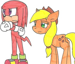 Size: 850x727 | Tagged: safe, artist:cmara, applejack, earth pony, pony, crossover, duo, knuckles the echidna, simple background, sonic the hedgehog (series), traditional art, white background