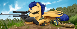 Size: 2400x900 | Tagged: safe, artist:supermare, flash sentry, pegasus, pony, clothes, cosplay, costume, crossdressing, crossover, crossplay, gun, hooves, lying down, male, metal gear, metal gear solid 5, one eye closed, optical sight, quiet (metal gear), rifle, sniper rifle, solo, spread wings, stallion, teeth, weapon, wings