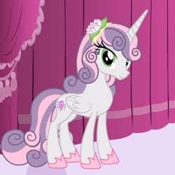 Size: 4320x4320 | Tagged: safe, artist:beavernator, sweetie belle, alicorn, pony, absurd resolution, clothes, looking at you, older, race swap, slippers, smiling, solo, story in the source, sweetiecorn, vector