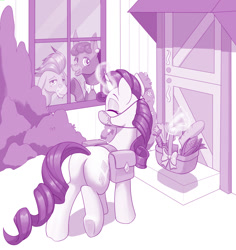 Size: 1280x1354 | Tagged: safe, artist:dstears, cranky doodle donkey, matilda, rarity, pony, unicorn, bag, basket, butt, coronavirus, covid-19, digital art, eyes closed, face mask, female, food, groceries, levitation, magic, mare, mask, plot, saddle bag, smiling, telekinesis, waving